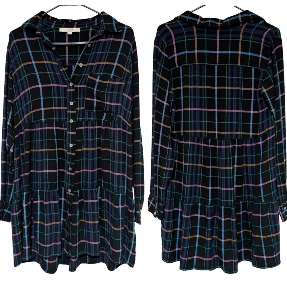 LOFT Multicolor Plaid Button Down Dress Long Sleeve Black Size Small Tiered Hem